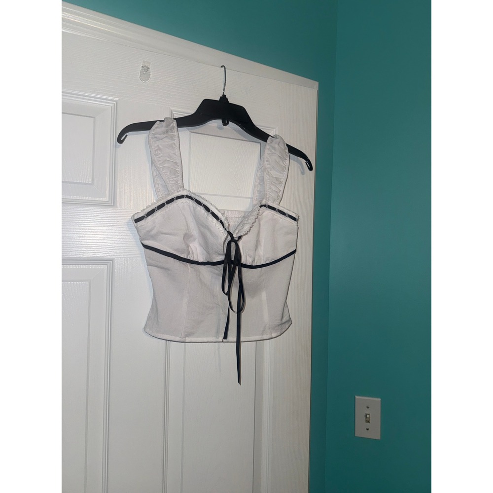 Jenna Sky White Milkmaid Crop Top Smocked Back Black Ribbon Trim Size M